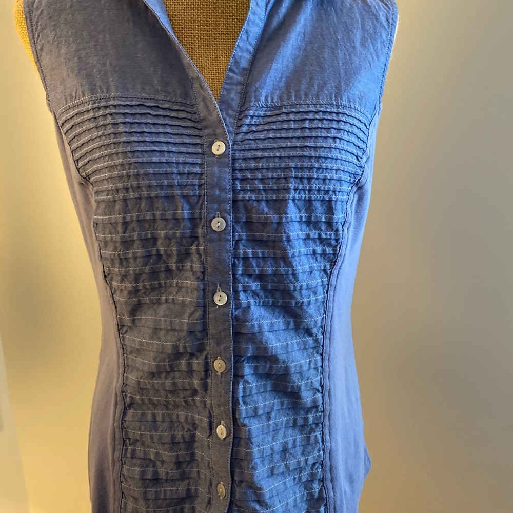 Sleeveless blue button down shirt. Size Large